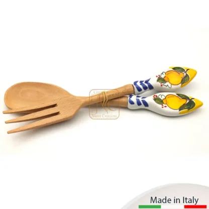 Coppie posate in legno, Made in Italy, e ceramica, decoro limone con fondo punta giallo.