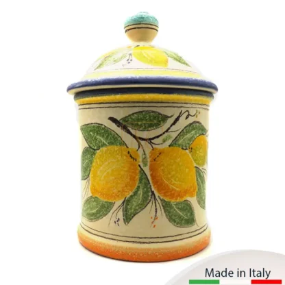 Porta biscotti, cm.h.27 con coperchio, con decoro limone su base effetto buccia d'arancia.